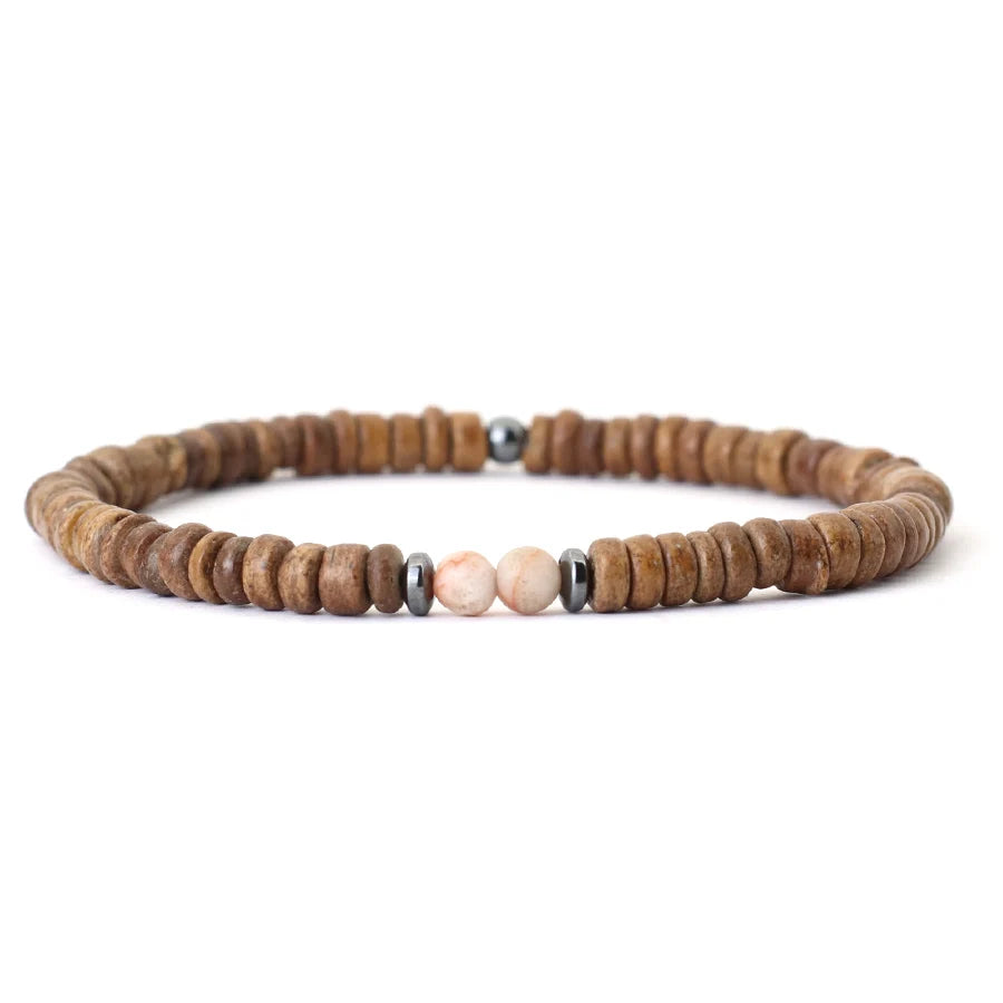 Neues Armband – Natur Kokosnussperlen & Hämatit, Meditation & Heilstein