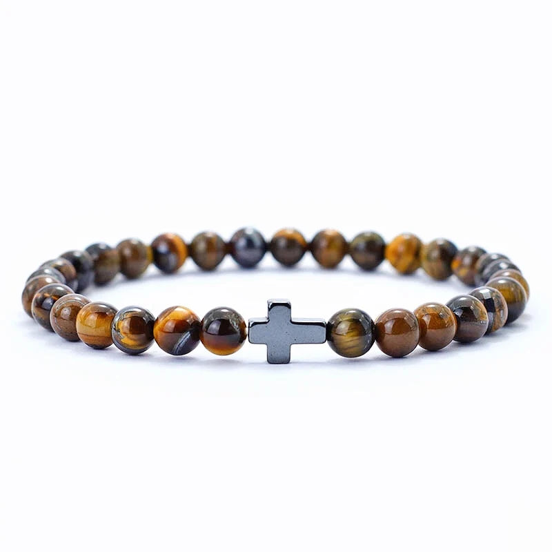 Minimalistisches Armband mit Kreuz – 6mm Tigerauge Naturstein Design