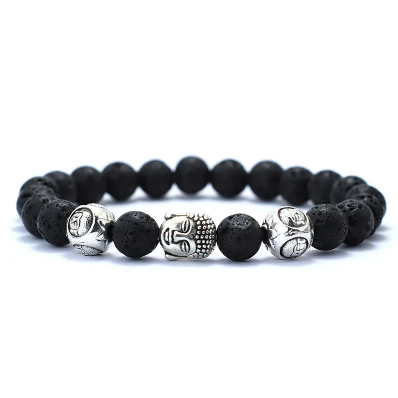 Minimalistisches Armband mit Buddha und Naturstein – 8mm Lava, Tigerauge, Meditation und Yoga Beaded Design