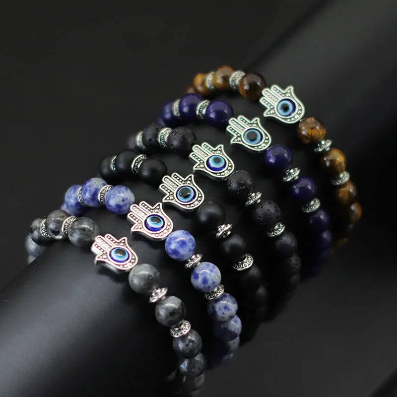 Evil Eye Armband mit Fatima Hand – 8mm Lava- und Lapislazuli-Perlen, Design aus Naturstein