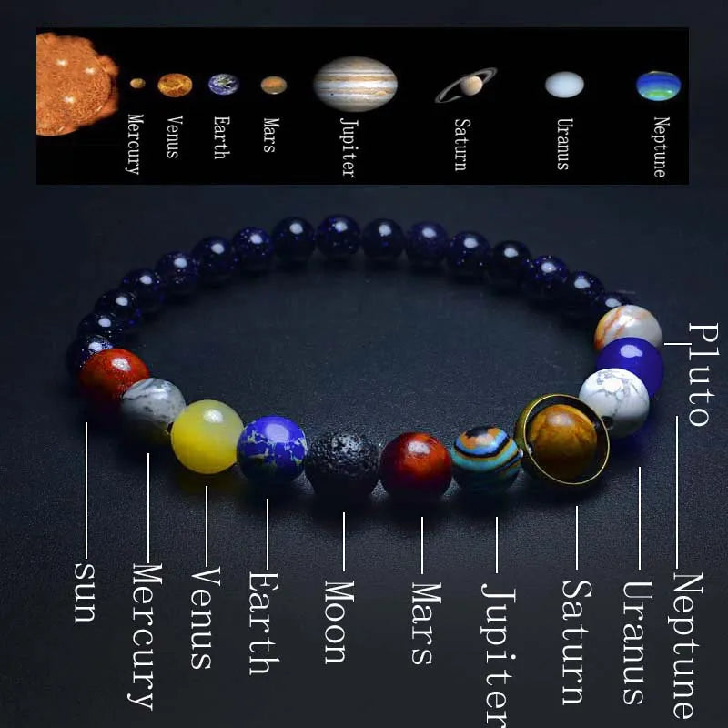 Einzigartiges Armband mit Acht Planeten – 6mm, 8mm Natürlicher Vulkanstein, Lapislazuli, Chakra-Armband